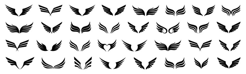 Set of black bird wing logo. Black wing symbol collection. Wing tattoo icons