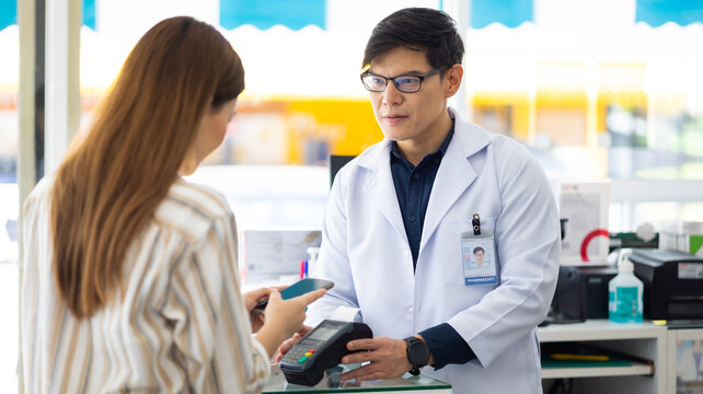 Professional Pharmacist handsome asian man holding bank payment terminal machine for customer payment on creditcard. Pharmacy Drugstore. Health and wellness center