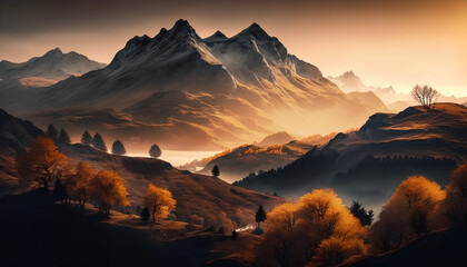 Autumn mountains at sunrise in Switzerland - obrazy, fototapety, plakaty