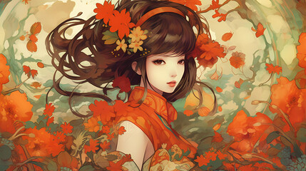 Illustration of Chinese classical beauty in the flowers
