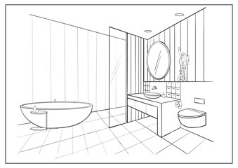 Sketch modern bathroom interior design. Vector outline drawing washroom, shower cabin, bathtub, sink, mirror, fittings, sanitary ware, equipment. Line draw interior of a room for spa procedures. 