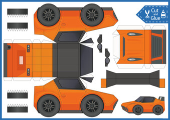 Kids paper craft template. Cut and glue a paper racing car. DIY papercraft cutout puzzle auto toys. Activity worksheet for children. Vector printable education game. Create to race vehicle birthday de