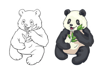 Children's coloring page with a cartoon funny panda with a branch of eucalyptus. Line drawing of outline and painted color bear. Clipart with funny animals. Kids education activity page. Paint colorin