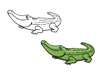 Coloring page with a cartoon cute crocodile. Line drawing with an example of a painted colorful animal. Clipart with funny underwater characters. Kids education activity page and worksheet. 
