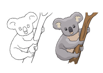 Coloring page with cartoon line koala. Children education activity page. Paint coloring book. Vector drawing worksheet with cute animals. © Betswork