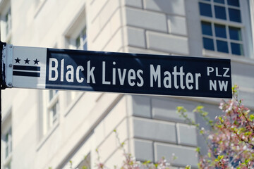 Obraz premium Black Lives Matter Plaza street sign close up in Washington, DC