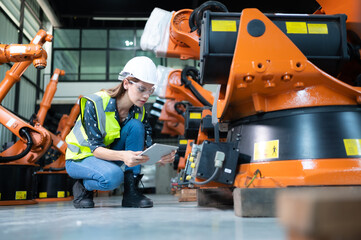 Female Technician Inspecting and repairing robotics arm in robots hangar and test the operation of...