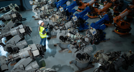 A female engineer installs a program on a robotics arm in a robot warehouse. And test the operation before sending the machine to the customer.