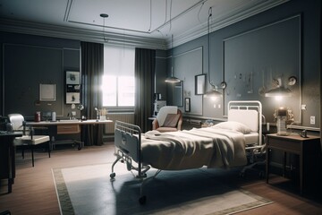 3D-rendered hospital room featuring a bed and table. Generative AI