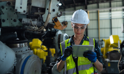 A female engineer installs a program on a robotics arm in a robot warehouse. And test the operation before sending the machine to the customer.