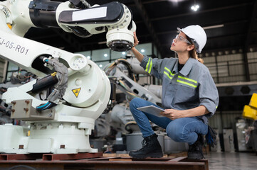 A female engineer installs a program on a robotics arm in a robot warehouse. And test the operation before sending the machine to the customer.