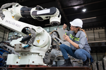 A female engineer installs a program on a robotics arm in a robot warehouse. And test the operation before sending the machine to the customer.
