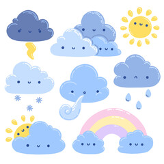 Set of clouds, sun and rainbow in kawaii style. Study weather with fun and joy. Cute character design. Colorful vector doodles.