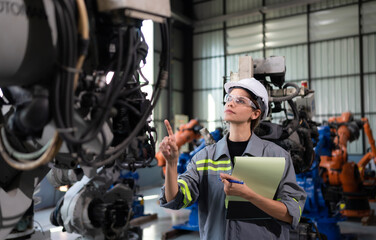 A female engineer checking documented items after installing a program on a robotic arm in a robotic warehouse and test the operation