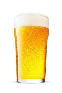 British style imperial pint glass of fresh yellow beer with cap of foam isolated. Transparent PNG image.
