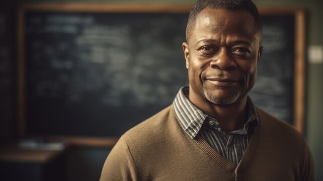 Teacher Male African-American Middle-aged Standing in front of a classroom with a chalkboard in Indoor classroom. Generative AI AIG22.