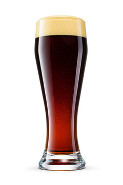 Weizen glass of fresh dark porter beer with cap of foam isolated. Transparent PNG image.