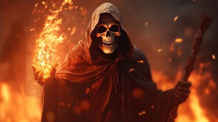 Fototapeta na wymiar grim reaper with fire landscape illustration