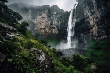 Majestic waterfall cascading down a rocky cliff