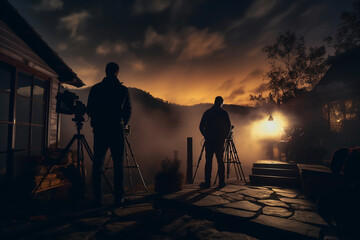 Behind the Scenes, outdoor movie production set, cameras, equipment, studio lights, cameraman, director, actors silhouette, smoke. AI generated art