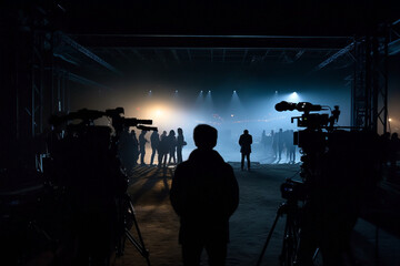 Behind the Scenes, movie production stage, cameras, equipment, studio lights, cameraman, director, actors silhouette, smoke. AI generated art