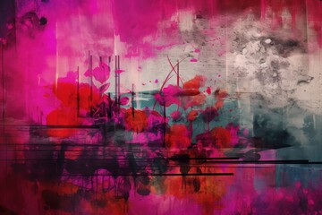 An abstract surreal artwork with a fuchsia-colored palette, against textured background. Concept modern and contemporary art. For wall decor, wallpaper, poster, mural, carpet, print. Generative AI