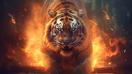 tiger angry with fire illustration template design