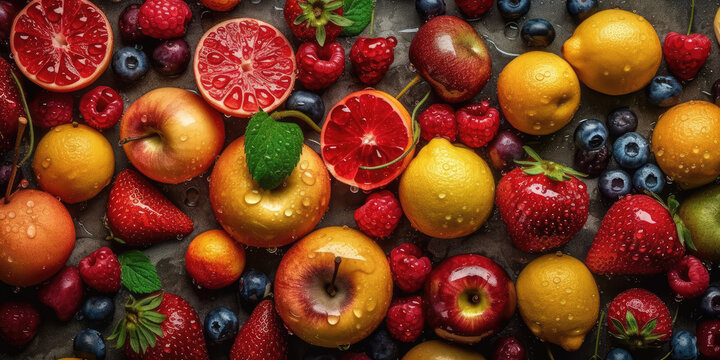 Juicy Delights. Seamless background of fresh fruits adorned with glistening drops. Vibrant pattern image. AI Generative