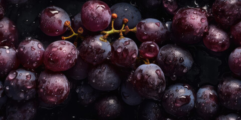 Fototapeta premium Grapevine Delight. Seamless background of fresh grapes adorned with glistening drops. Pattern image with tile-like possibilities. AI Generative