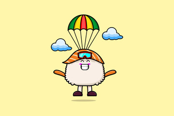 Cute mascot cartoon Sushi is skydiving with parachute and happy gesture illustration
