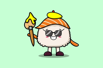 Cute cartoon character Sushi painter portraitist with hat and a brush to draw in cute design style design 