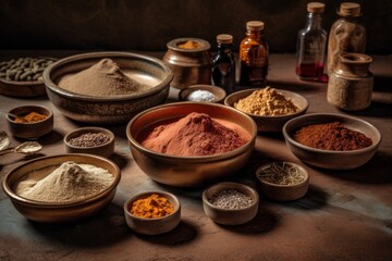 Ingredients used to make ayurvedic henna cream, such as henna powder, essential oils, and herbs, natural and organic ingredients. Generative AI