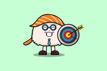 Cute cartoon Sushi businessman holding target and arrow with happy expression  