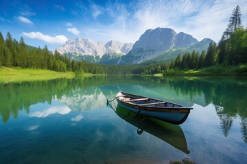 Fototapeta na wymiar The photo features a serene lake surrounded by towering mountains with a boat. Generative AI.