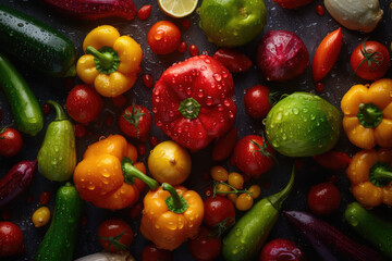Garden Bounty Delight. Fresh Vegetables Seamless Background Adorned with Glistening Drops. Organic Farming AI Generative.
