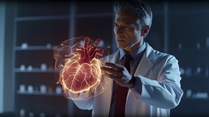 Cardiologist doctor examine patient heart functions and blood vessel on virtual interface. Medical technology and healthcare. Generative Ai.
