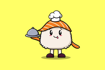 Cute Cartoon chef Sushi mascot character serving food on tray cute style design illustration