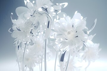 Translucent futuristic inorganic flowers at gradient background. Generative AI.