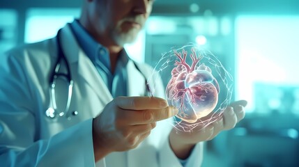 Cardiologist doctor examine patient heart functions and blood vessel on virtual interface. Medical technology and healthcare. Generative Ai. - obrazy, fototapety, plakaty