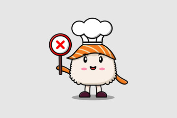 cute cartoon Sushi chef holding wrong sign board in vector character illustration