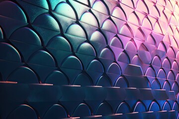 Obraz premium Smooth and iridescent wall with fish scale tiles and futuristic. Cyan and Magenta fish scale tiles. Generative AI.