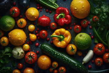 Fototapeta na wymiar Garden Bounty Delight. Fresh Vegetables Seamless Background Adorned with Glistening Drops. Organic Farming AI Generative. 
