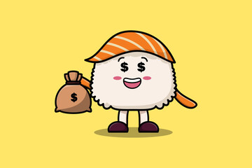 Cute cartoon Crazy rich Sushi with money bag shaped funny in modern design illustration