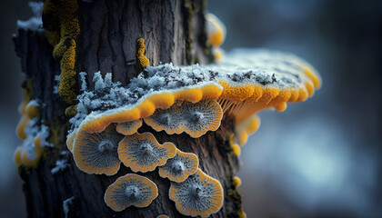Trumpet lichen growing on tree trunk in Winter - obrazy, fototapety, plakaty