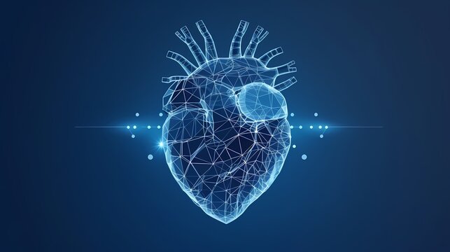 Human heart anatomy form lines and triangles, point connecting network on blue background. Illustration. Generative Ai.