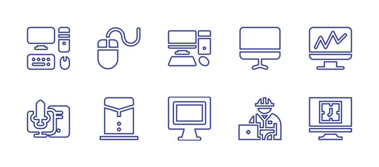 Computer line icon set. Editable stroke. Vector illustration. Containing pc, computer mouse, monitor, stats, computer game, computer, engineer, clock.