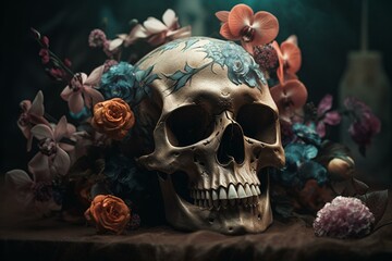 Floral skull art. Digitally created. Generative AI
