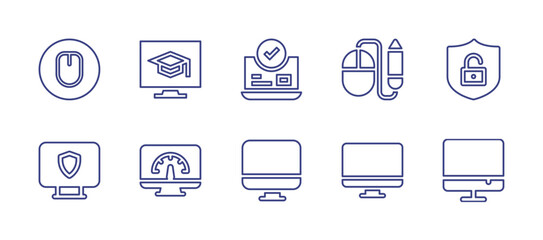 Computer line icon set. Editable stroke. Vector illustration. Containing computer mouse, online education, online booking, graphic design, cyber security, computer, speedometer, monitor black tool.