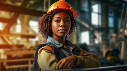 Empowering professional black woman civil engineering with helmet in factory workplace. Generative AI