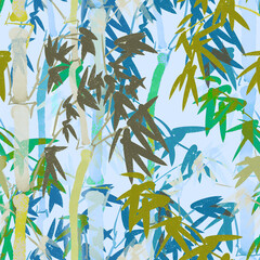 Bamboo seamless pattern, blue background. Watercolor chinese art. Colorful illustration for cloth, fashion, textile, fabric, wallpaper, print. Modern ornament from oriental painting of tropical plant. - 600460795